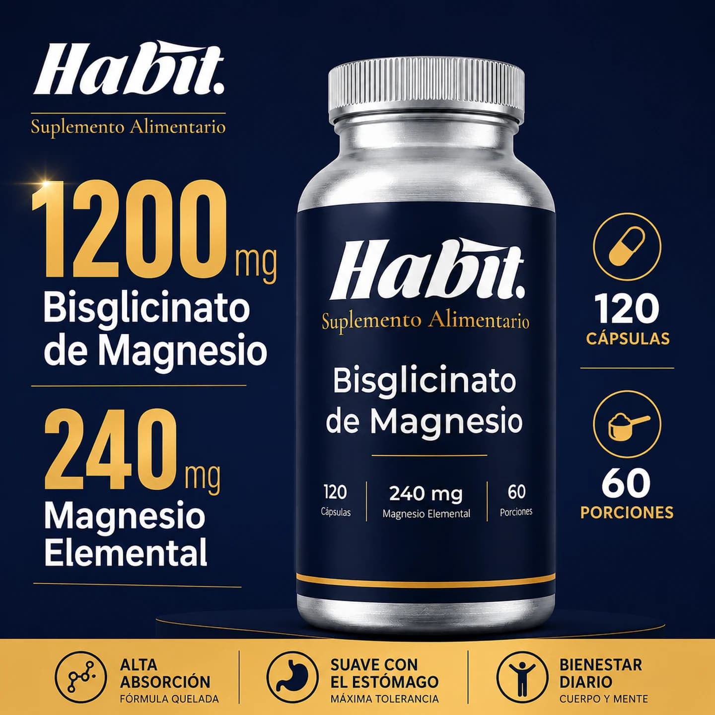 1200 mg de bisglicinato de magnesio y 240 mg de magnesio elemental por porción. 120 cápsulas, 60 porciones.