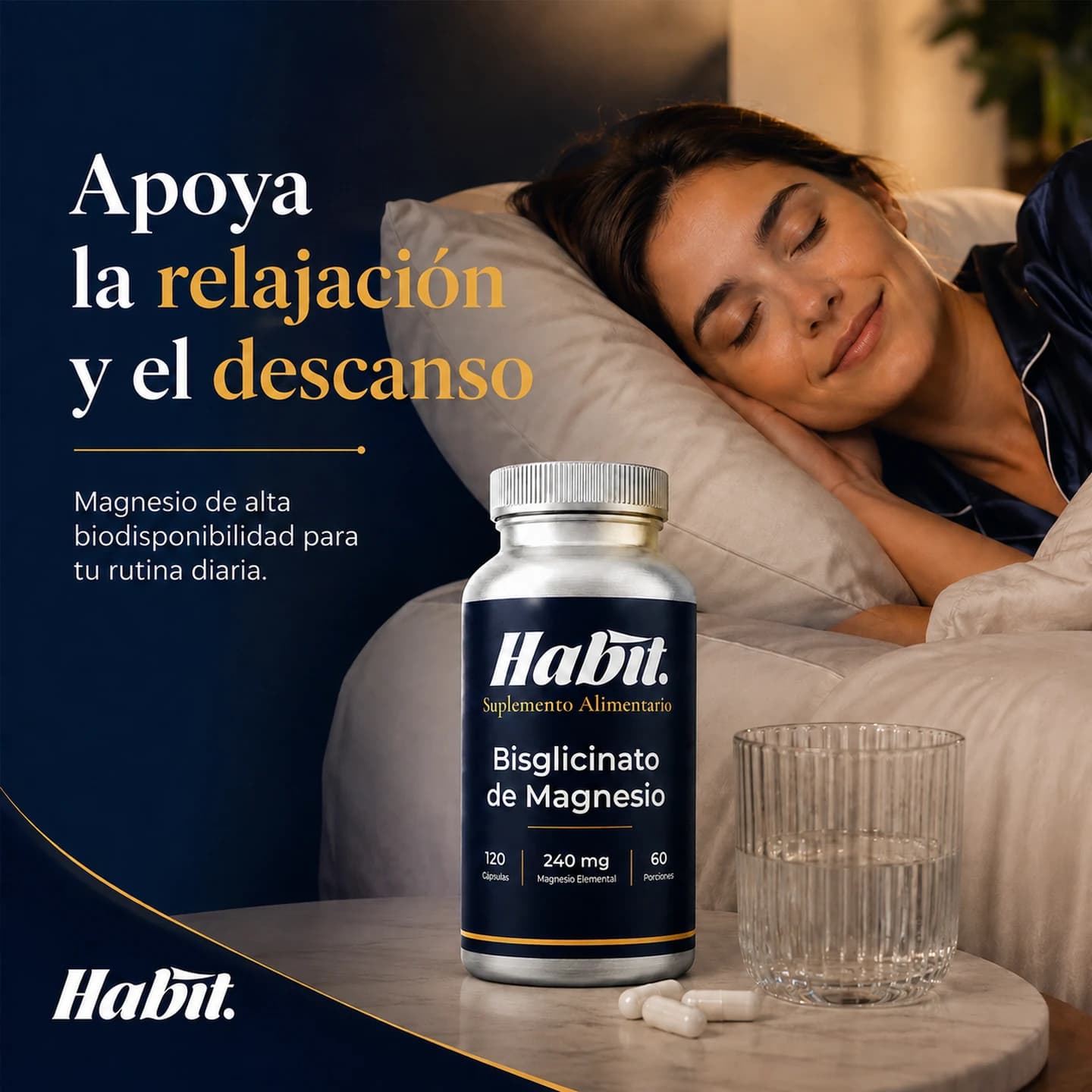 Mujer descansando junto a un frasco de Bisglicinato de Magnesio The Habit. Apoya la relajación y el descanso.