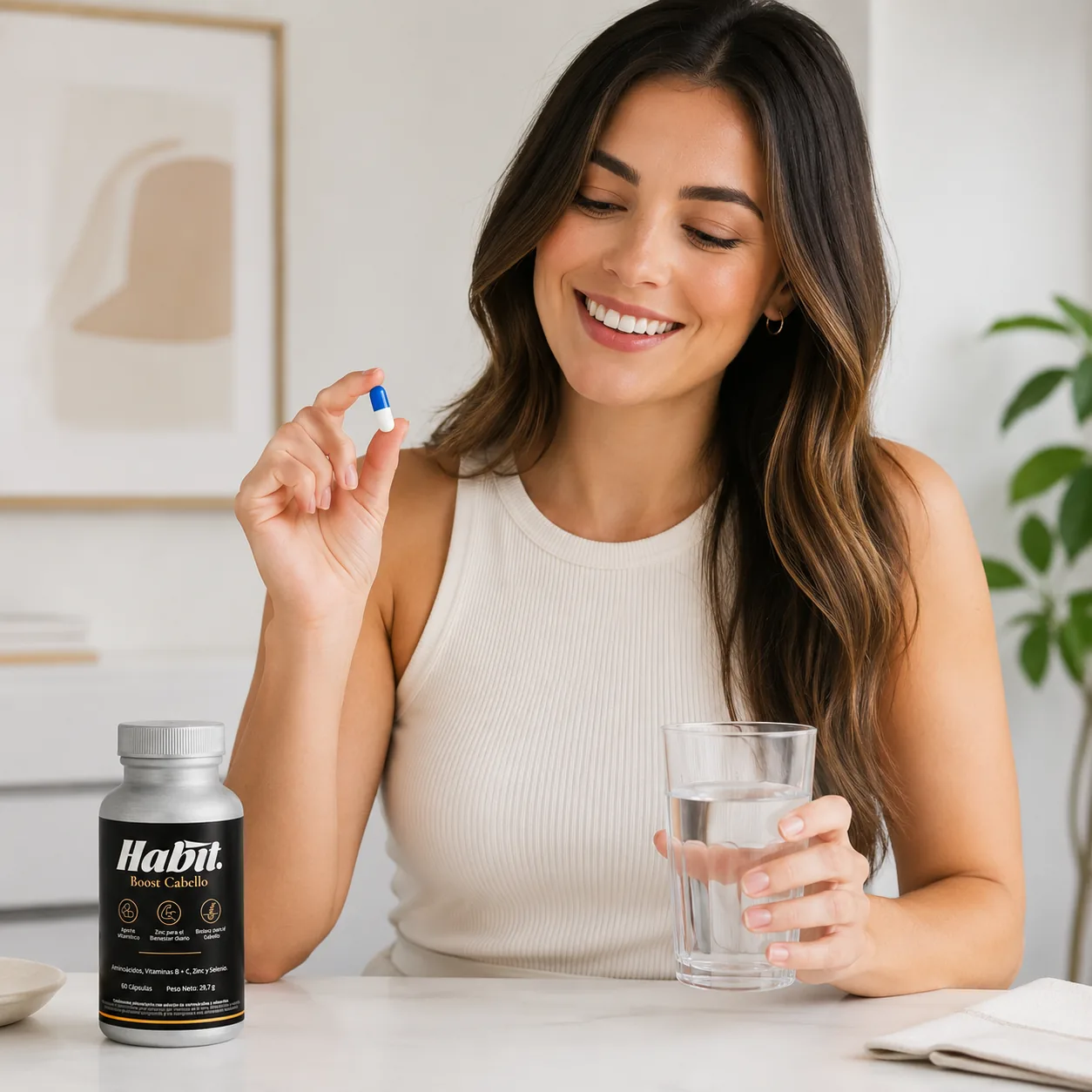 Mujer sosteniendo una cápsula de Boost Cabello y un vaso de agua, con el frasco sobre la mesa.